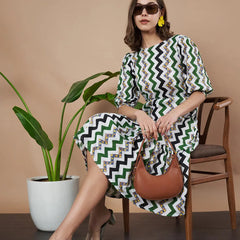 Green Zigzag Stripes Puff Sleeve Printed Fit & Flare Midi Dress with Round Neck, Short Sleeves, Gathered Details, and Flared Hemline