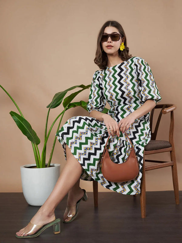 Green Zigzag Stripes Puff Sleeve Printed Fit & Flare Midi Dress with Round Neck, Short Sleeves, Gathered Details, and Flared Hemline