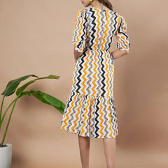 Mustard Zigzag Stripes Puff Sleeve Printed Fit & Flare Midi Dress with Round Neck, Short Sleeves, Gathered Details, and Flared Hemline