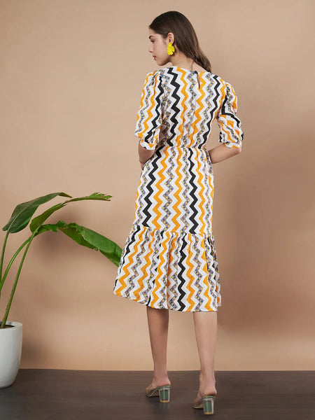 Mustard Zigzag Stripes Puff Sleeve Printed Fit & Flare Midi Dress with Round Neck, Short Sleeves, Gathered Details, and Flared Hemline