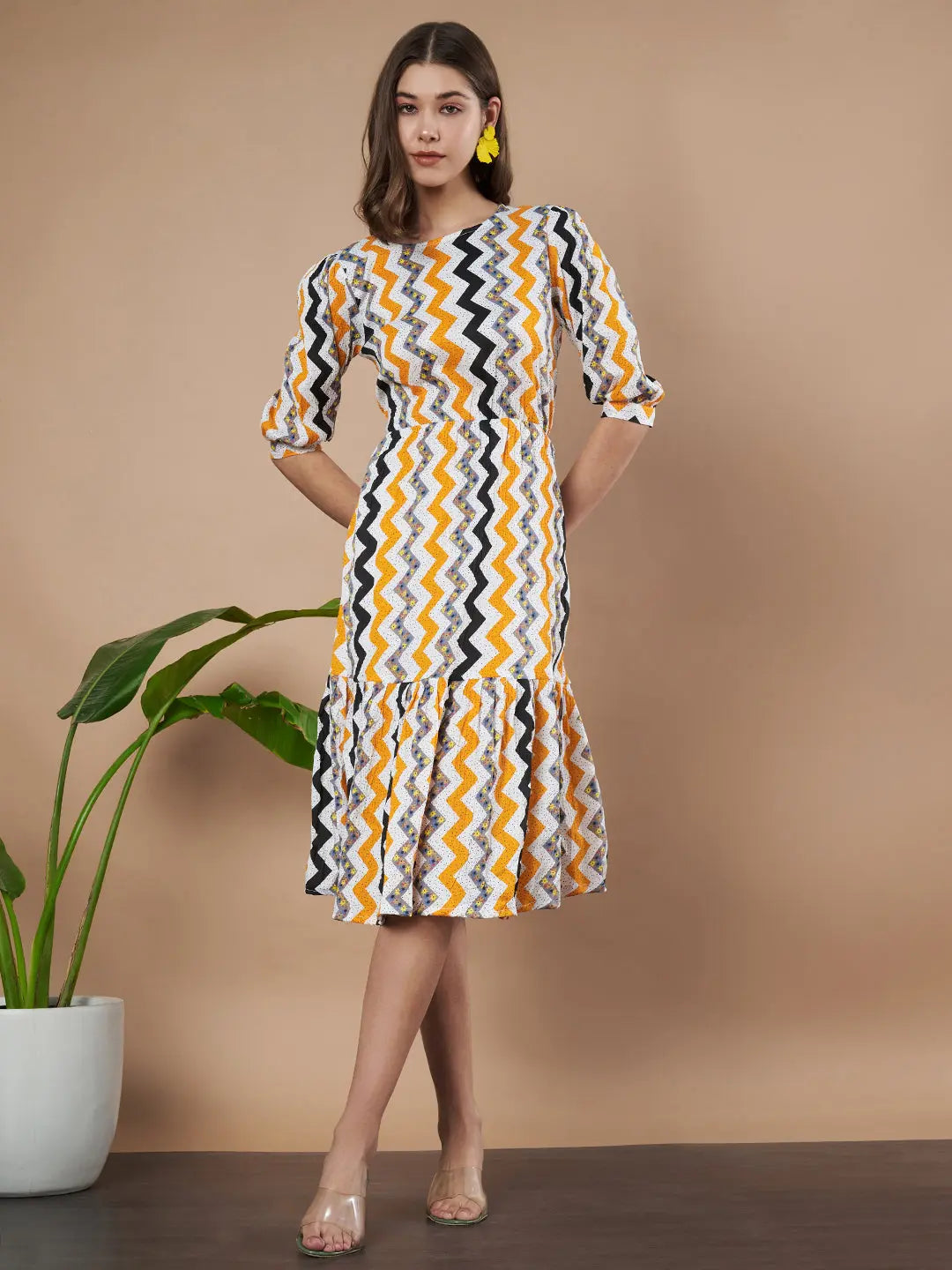 Mustard Zigzag Stripes Puff Sleeve Printed Fit & Flare Midi Dress with Round Neck, Short Sleeves, Gathered Details, and Flared Hemline Main image