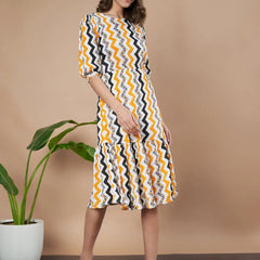 Mustard Zigzag Stripes Puff Sleeve Printed Fit & Flare Midi Dress with Round Neck, Short Sleeves, Gathered Details, and Flared Hemline
