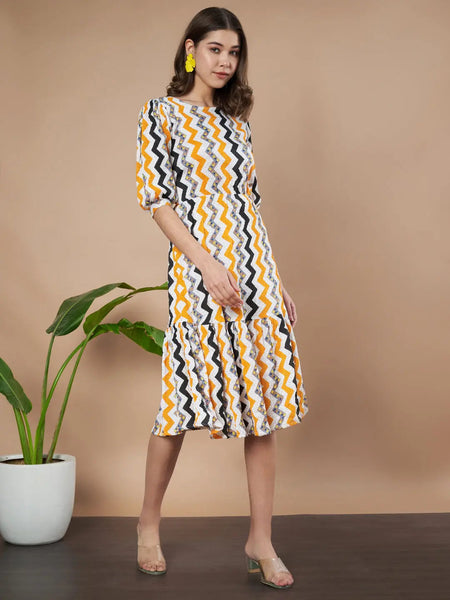 Mustard Zigzag Stripes Puff Sleeve Printed Fit & Flare Midi Dress with Round Neck, Short Sleeves, Gathered Details, and Flared Hemline