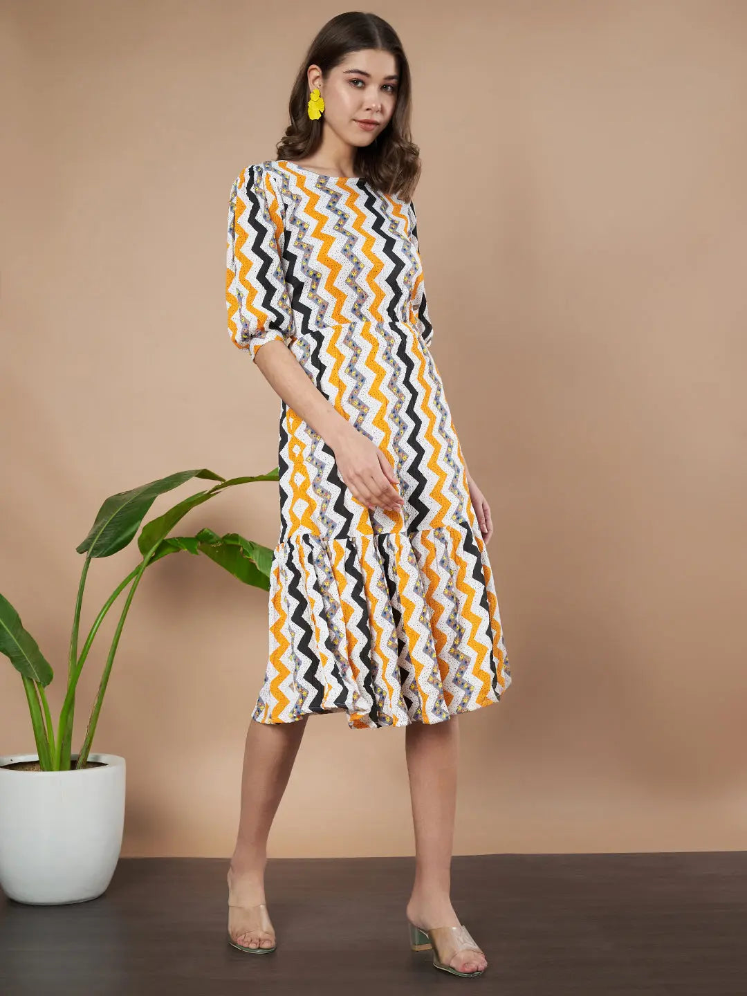 Mustard Zigzag Stripes Puff Sleeve Printed Fit & Flare Midi Dress with Round Neck, Short Sleeves, Gathered Details, and Flared Hemline