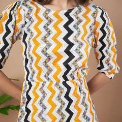 Mustard Zigzag Stripes Puff Sleeve Printed Fit & Flare Midi Dress with Round Neck, Short Sleeves, Gathered Details, and Flared Hemline