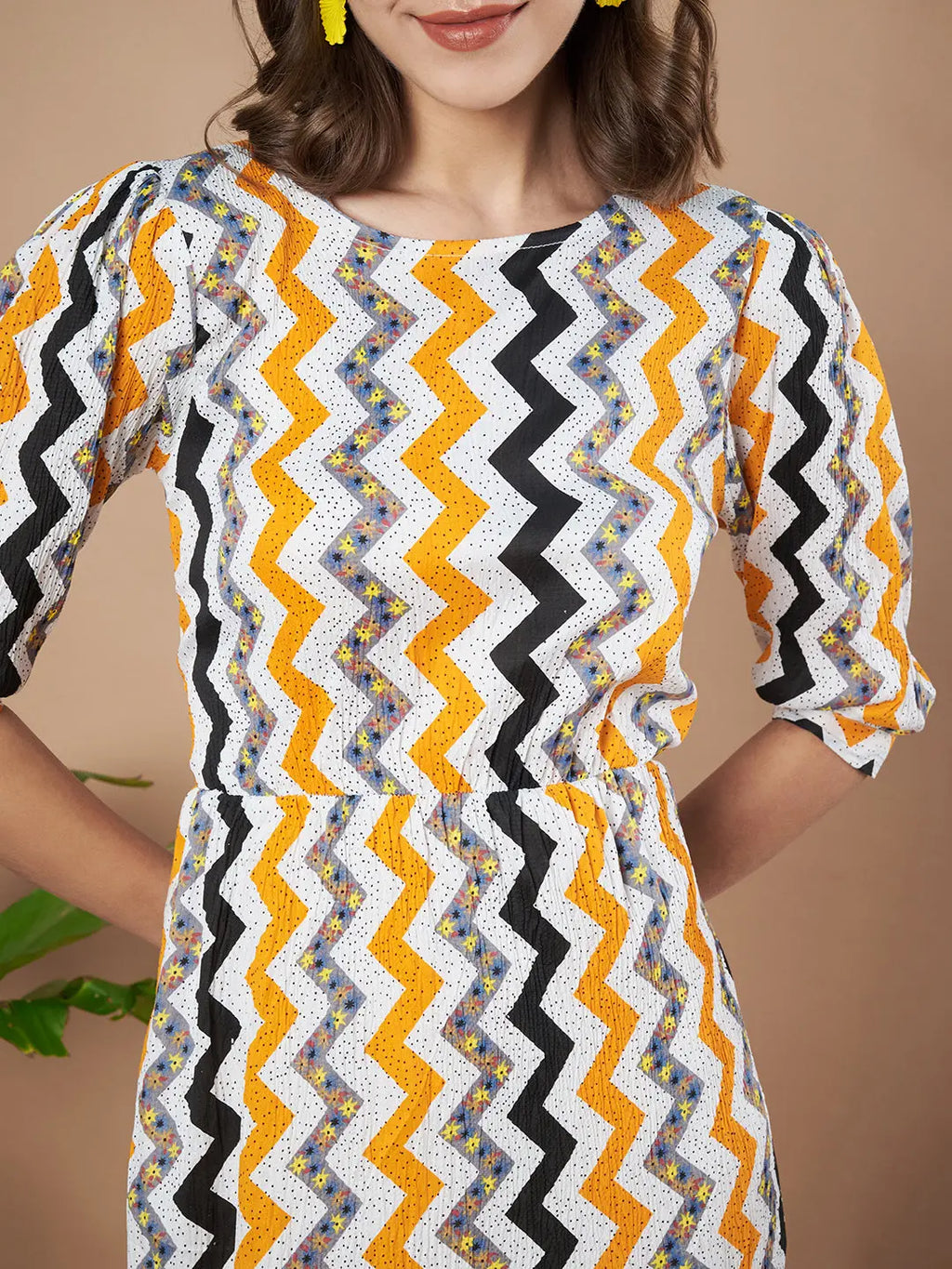 Mustard Zigzag Stripes Puff Sleeve Printed Fit & Flare Midi Dress with Round Neck, Short Sleeves, Gathered Details, and Flared Hemline
