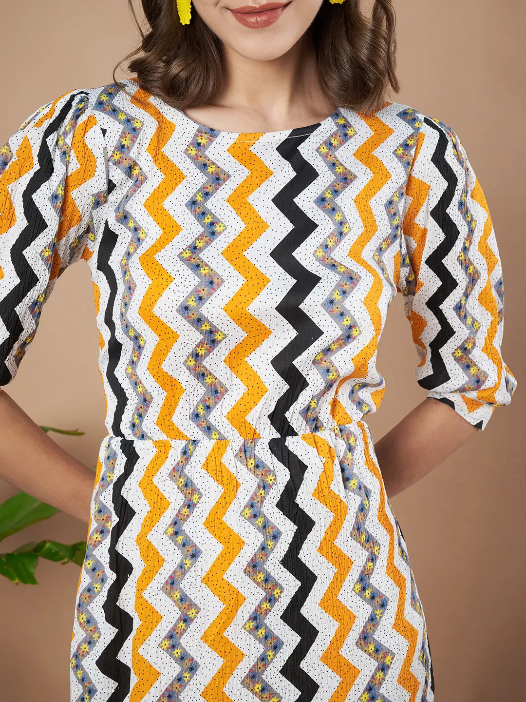 Mustard Zigzag Stripes Puff Sleeve Printed Fit & Flare Midi Dress with Round Neck, Short Sleeves, Gathered Details, and Flared Hemline