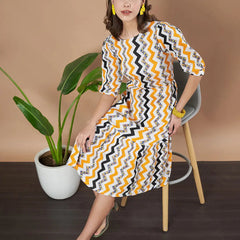 Mustard Zigzag Stripes Puff Sleeve Printed Fit & Flare Midi Dress with Round Neck, Short Sleeves, Gathered Details, and Flared Hemline
