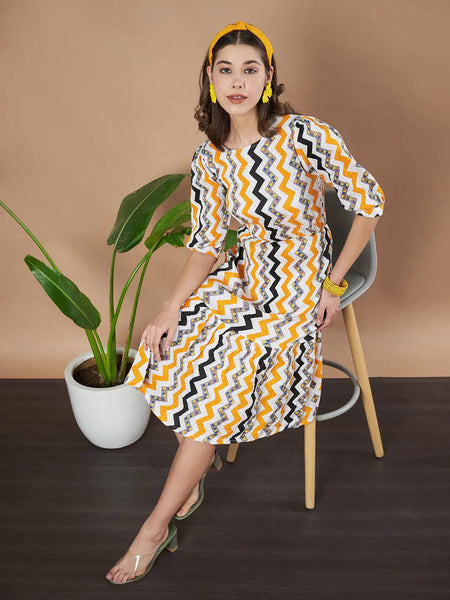 Mustard Zigzag Stripes Puff Sleeve Printed Fit & Flare Midi Dress with Round Neck, Short Sleeves, Gathered Details, and Flared Hemline