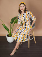 Mustard Zigzag Stripes Puff Sleeve Printed Fit & Flare Midi Dress with Round Neck, Short Sleeves, Gathered Details, and Flared Hemline