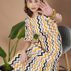 Mustard Zigzag Stripes Puff Sleeve Printed Fit & Flare Midi Dress with Round Neck, Short Sleeves, Gathered Details, and Flared Hemline