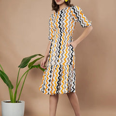 Mustard Zigzag Stripes Puff Sleeve Printed Fit & Flare Midi Dress with Round Neck, Short Sleeves, Gathered Details, and Flared Hemline