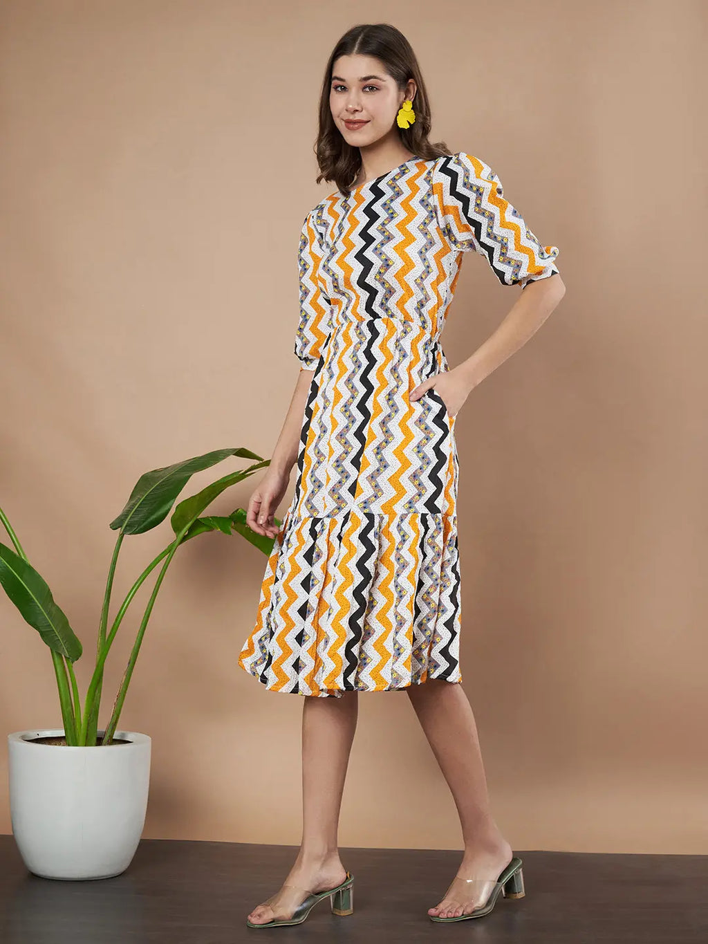 Mustard Zigzag Stripes Puff Sleeve Printed Fit & Flare Midi Dress with Round Neck, Short Sleeves, Gathered Details, and Flared Hemline