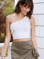 White Solid Ribbed Sleeveless Single Shoulder Stretchable Slim Fit Crop Tank Top Istyle Can