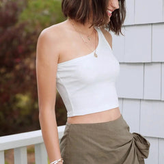 White Solid Ribbed Sleeveless Single Shoulder Stretchable Slim Fit Crop Tank Top