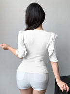 White Ribbed Knit Ruffle Half Sleeves Korean Fashion Slim fit Top