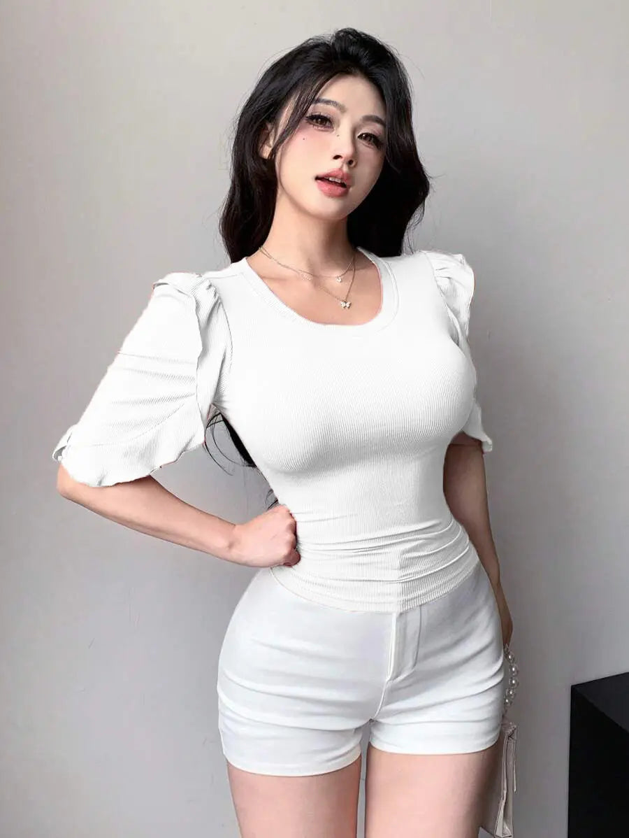 White Ribbed Knit Ruffle Half Sleeves Korean Fashion Slim fit Top