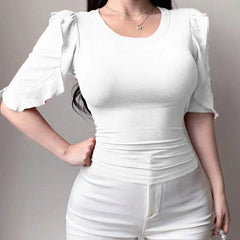 White Ribbed Knit Ruffle Half Sleeves Korean Fashion Slim fit Top