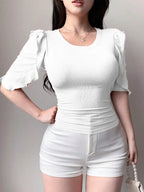 White Ribbed Knit Ruffle Half Sleeves Korean Fashion Slim fit Top