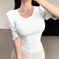 White Ribbed Knit Ruffle Half Sleeves Korean Fashion Slim fit Top