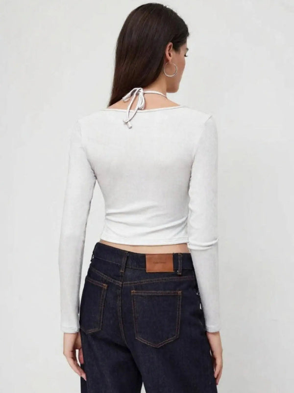 Istyle Can White Women’s Halter Neckline Knotted Cross-Wrap Crop Top My Store