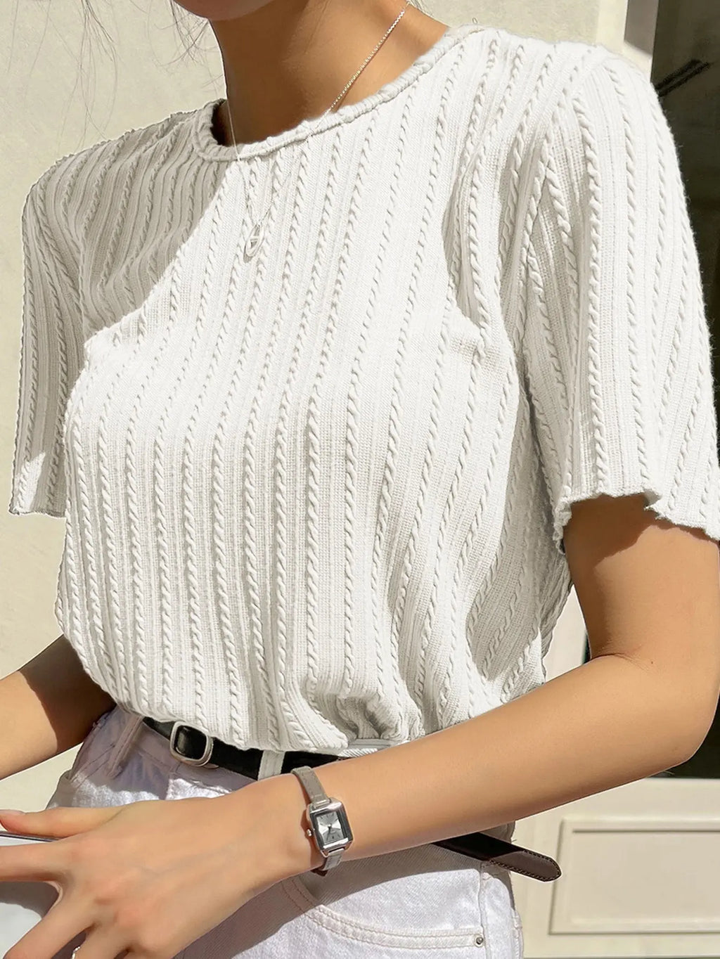 Women Korean Short Sleeve Round Neck Regular White T Shirt