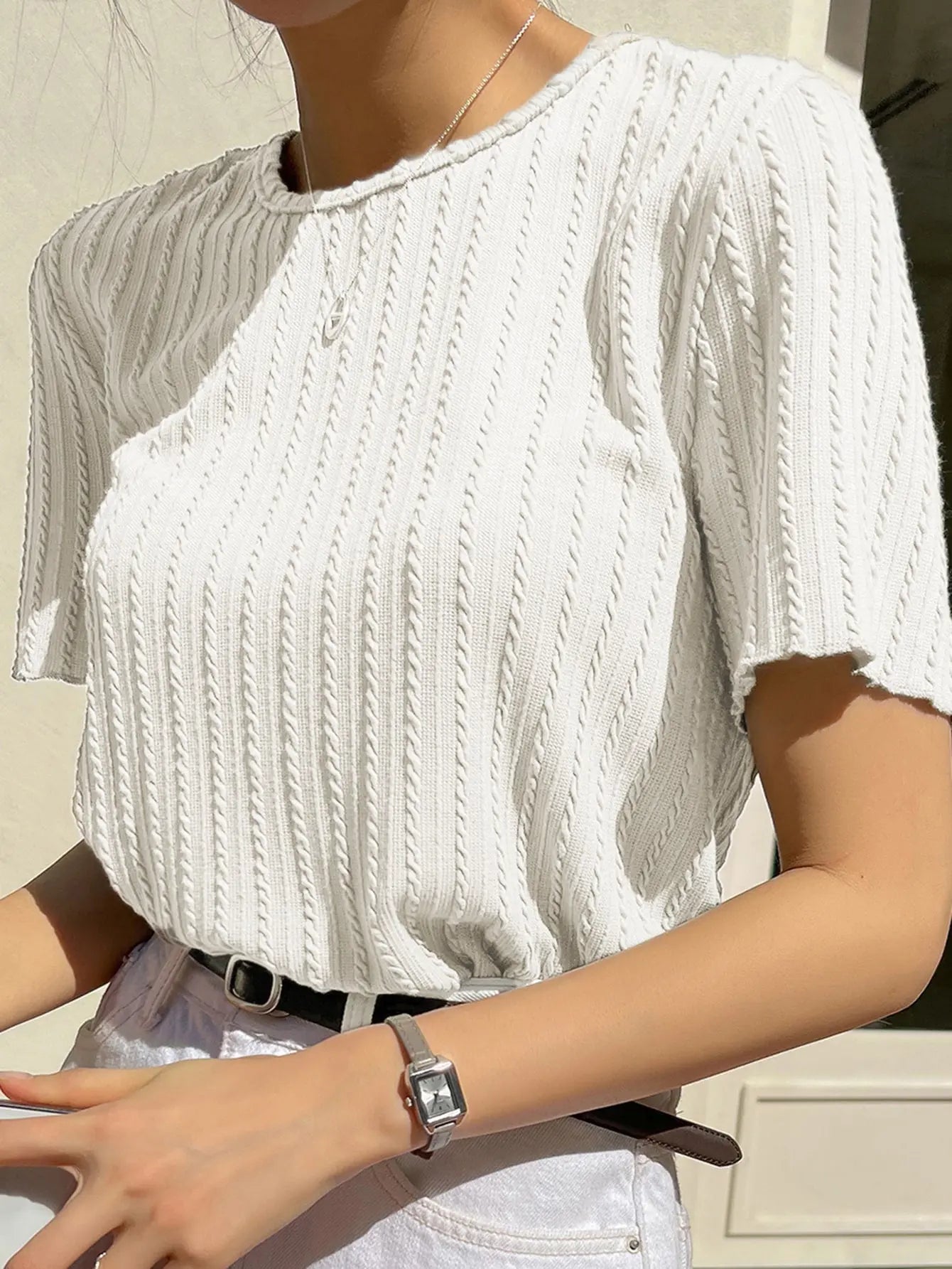 Women Korean Short Sleeve Round Neck Regular White T Shirt