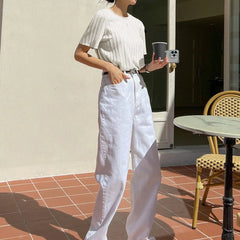 Women Korean Short Sleeve Round Neck Regular White T Shirt