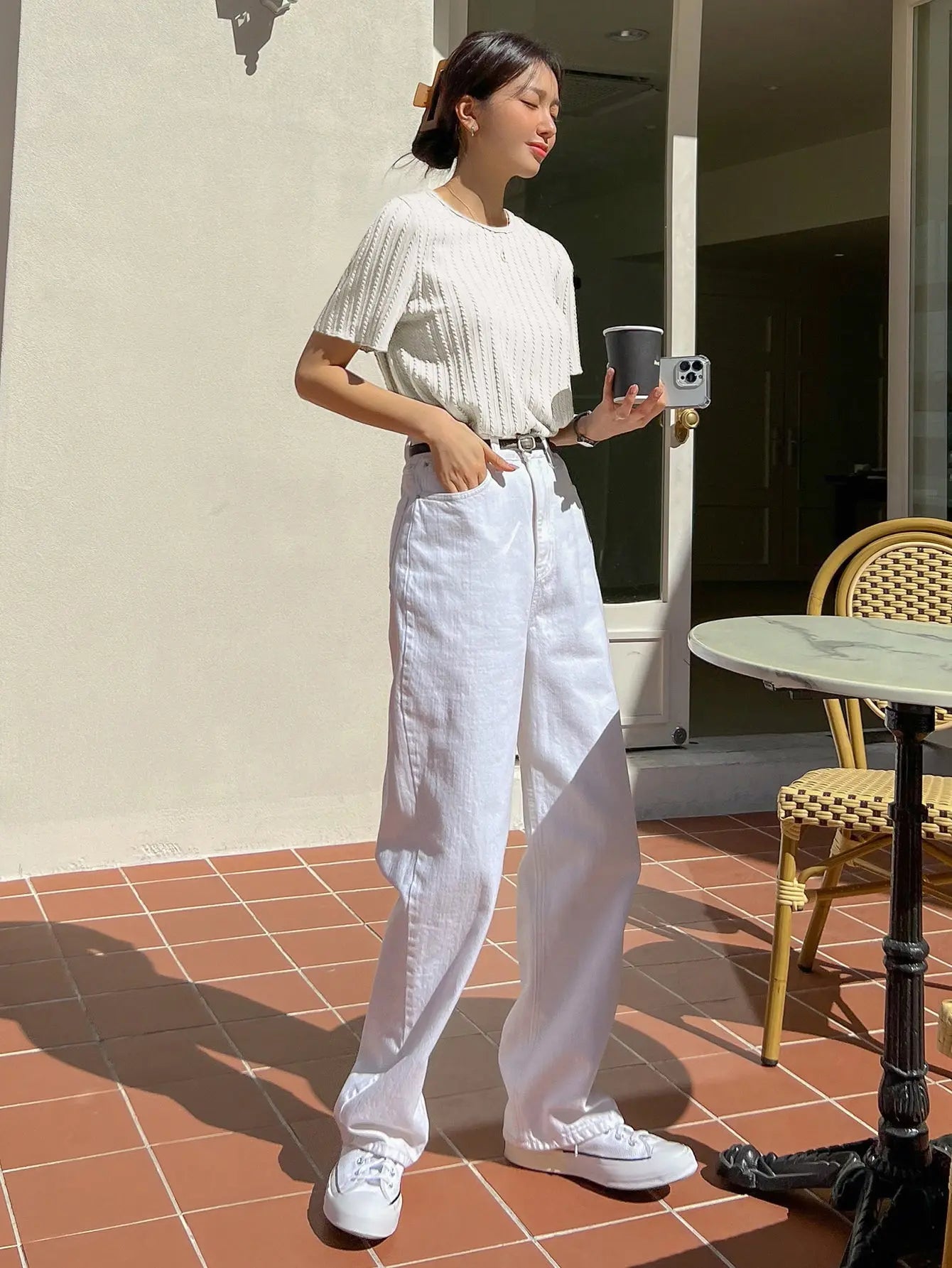 Women Korean Short Sleeve Round Neck Regular White T Shirt