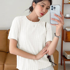 Women Korean Short Sleeve Round Neck Regular White T Shirt