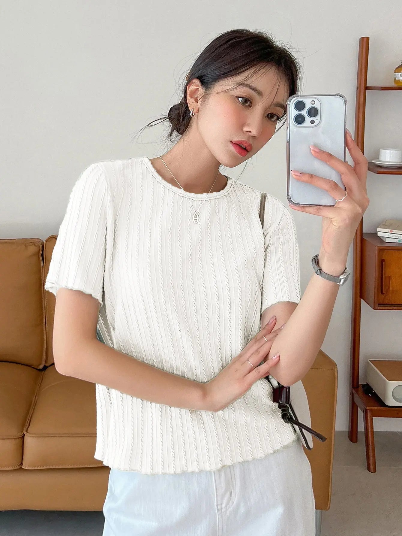 Women Korean Short Sleeve Round Neck Regular White T Shirt