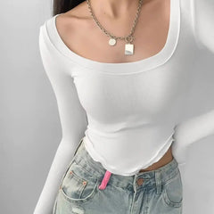 Istyle Can White Women’s U-Neck Long Sleeve Slim Fit Crop Top My Store
