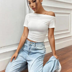 Istyle Can White Women’s Korean Solid Pleated Cropped Top My Store