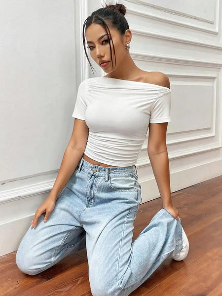 Istyle Can White Women’s Korean Solid Pleated Cropped Top My Store
