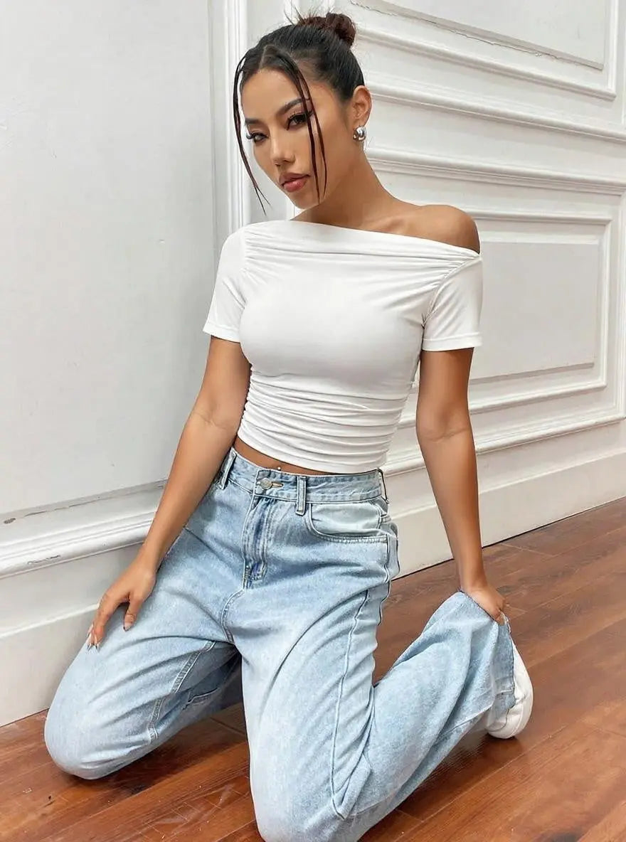 Istyle Can White Women’s Korean Solid Pleated Cropped Top My Store Main image