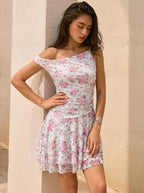 Women's One-Shoulder Floral Mesh Mini Bodycon Dress