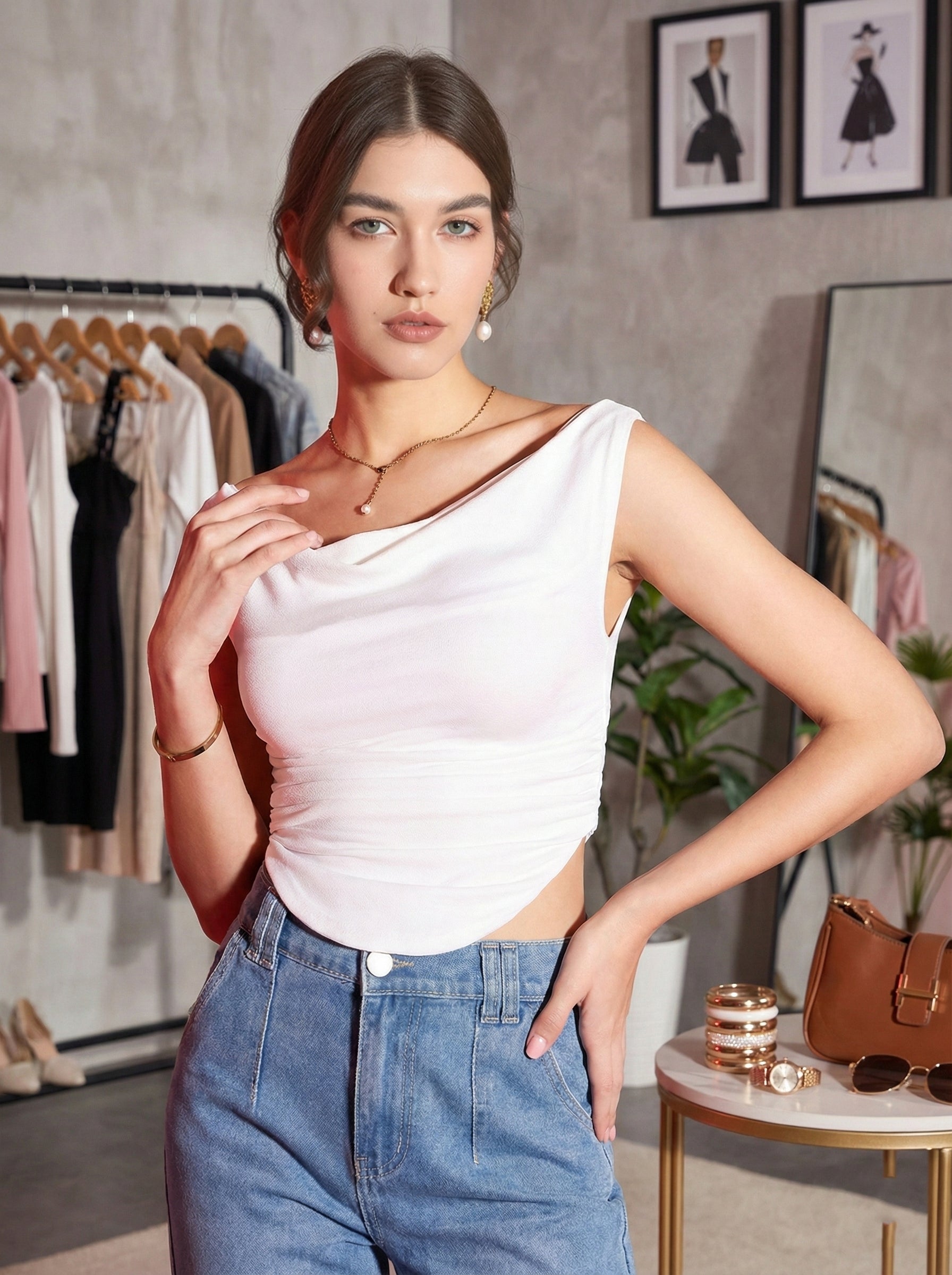 Women's White Solid/Plain Asymmetric Hem Stretchable Draped Crop Top