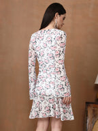 Women's Floral Mesh Mini Dress - Long Sleeve V-Neck Slim Fit