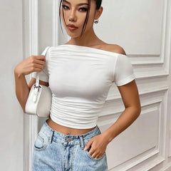 Istyle Can White Women’s Korean Solid Pleated Cropped Top My Store