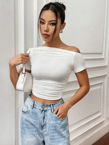 Istyle Can White Women’s Korean Solid Pleated Cropped Top My Store