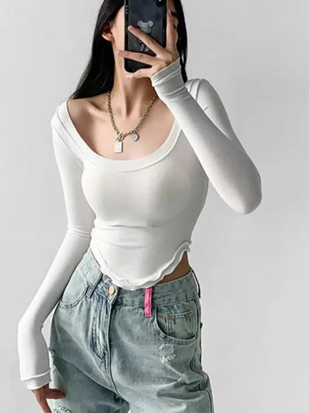 Istyle Can White Women’s U-Neck Long Sleeve Slim Fit Crop Top My Store