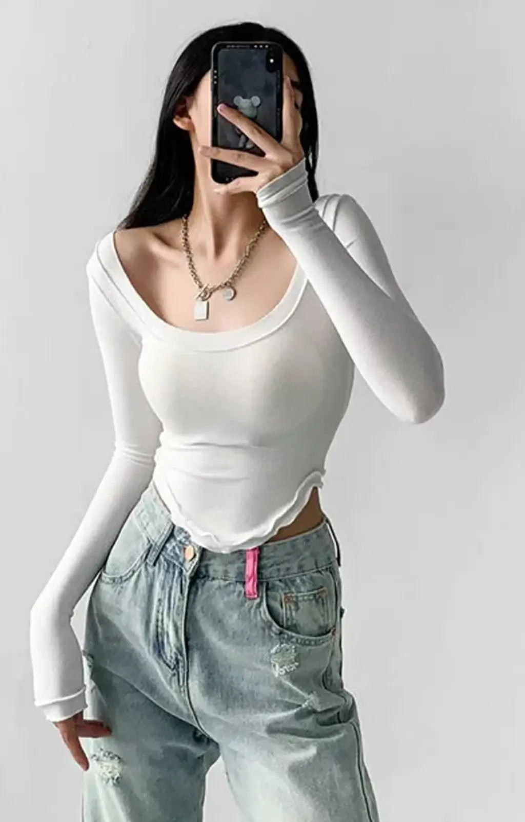 Istyle Can White Women’s U-Neck Long Sleeve Slim Fit Crop Top My Store
