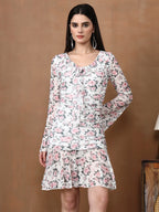 Women's Floral Mesh Mini Dress - Long Sleeve V-Neck Slim Fit