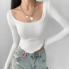 Istyle Can White Women’s U-Neck Long Sleeve Slim Fit Crop Top My Store