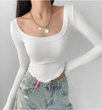 Istyle Can White Women’s U-Neck Long Sleeve Slim Fit Crop Top My Store