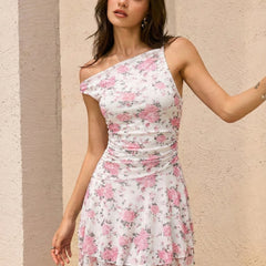 Women's One-Shoulder Floral Mesh Mini Bodycon Dress