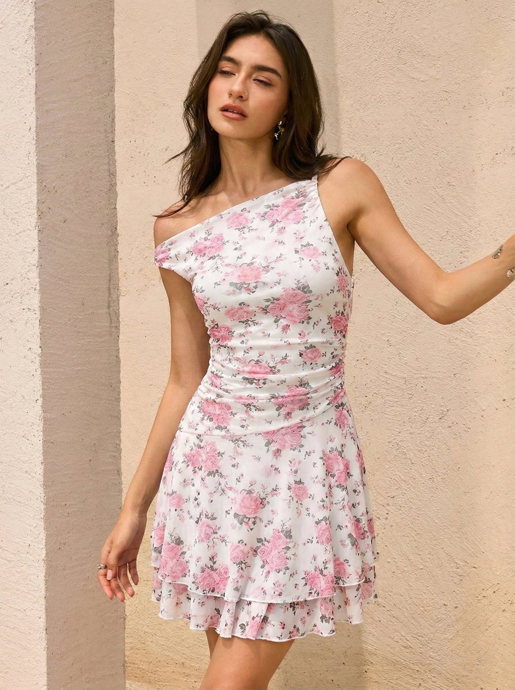 Women's One-Shoulder Floral Mesh Mini Bodycon Dress