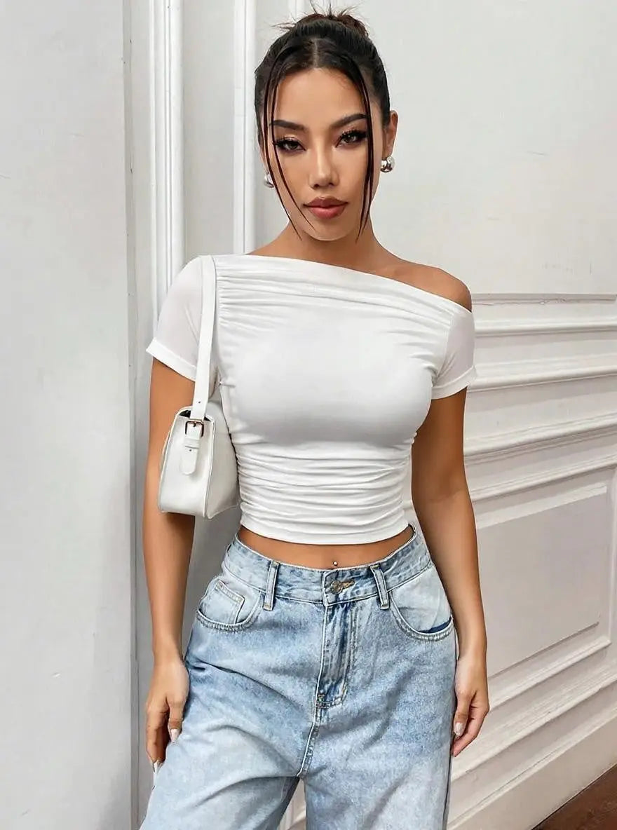 Istyle Can White Women’s Korean Solid Pleated Cropped Top My Store