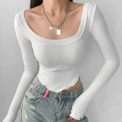 Istyle Can White Women’s U-Neck Long Sleeve Slim Fit Crop Top My Store