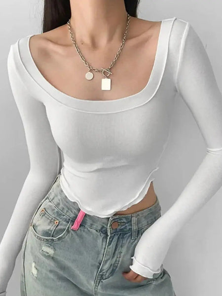 Istyle Can White Women’s U-Neck Long Sleeve Slim Fit Crop Top My Store